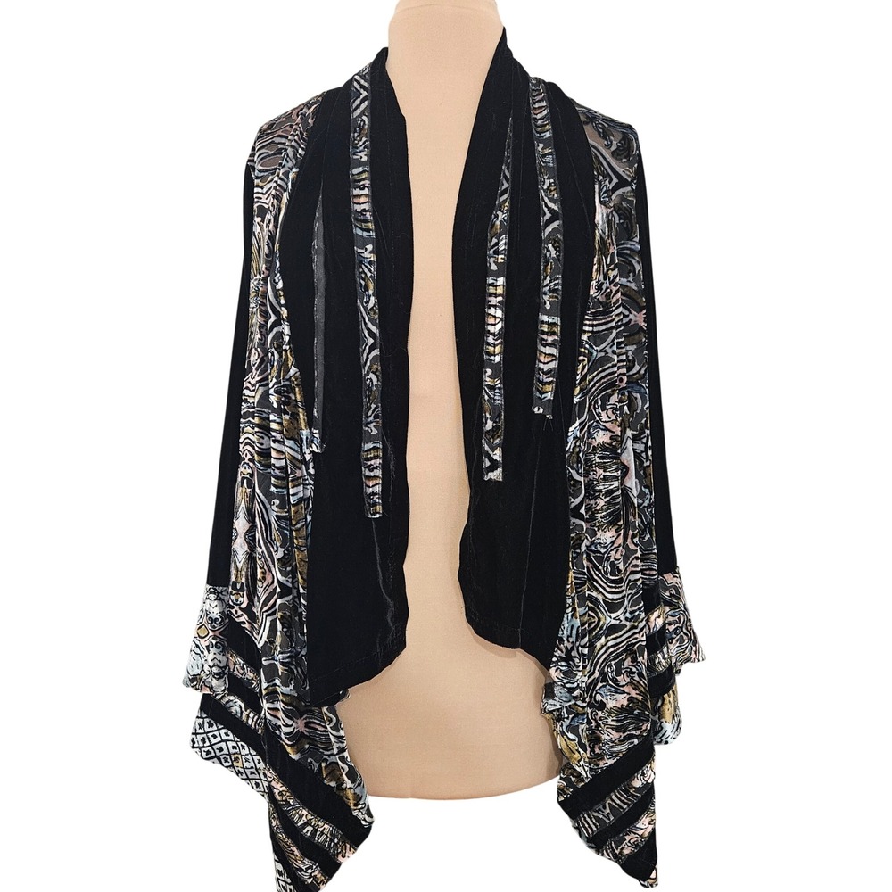 Patchington XL Burnout Velvet Silk Blend Open Front Cardigan Black Boho Kimono